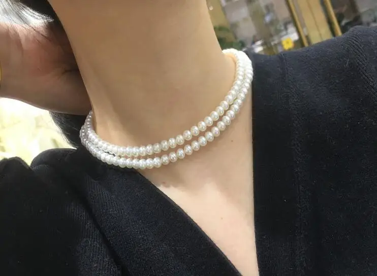 

2 strands 7mm white real Pearl choker necklace gold clasp natural Freshwater PEARL Women Jewelry 17'' 43cm 35cm