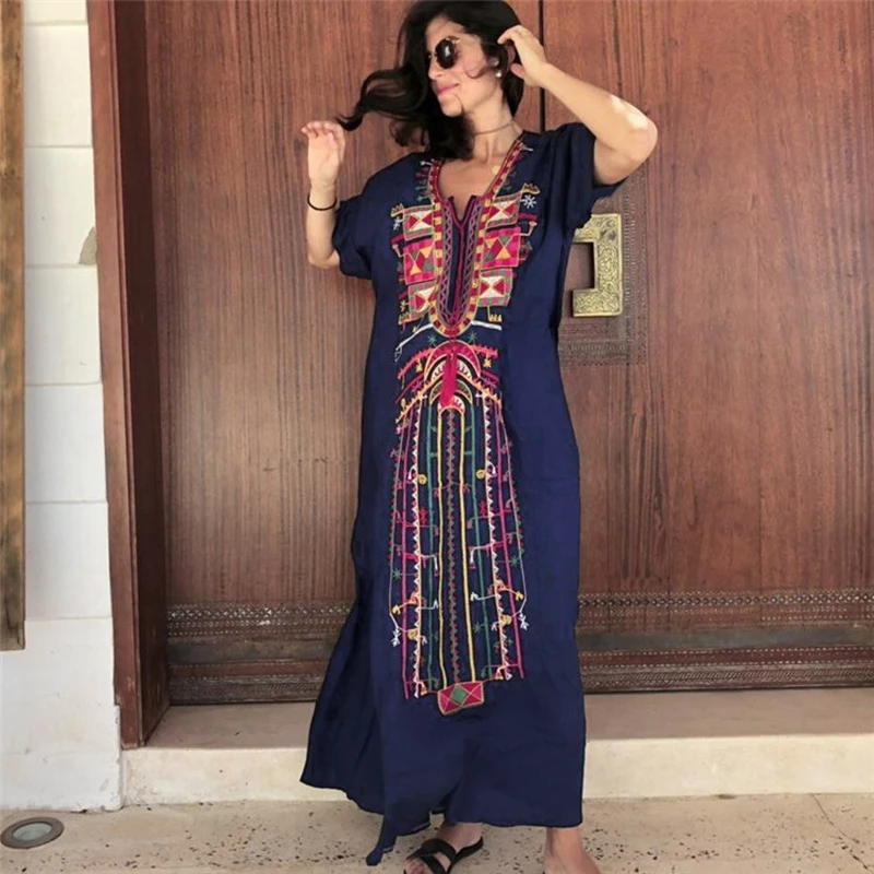 Mexican Dress Embroidery Robe Delicate Geometrci Pattern Lace-Up V-Neck Kaftan Maxi Dress Retro-Fashion Boho Party Tunic Caftan
