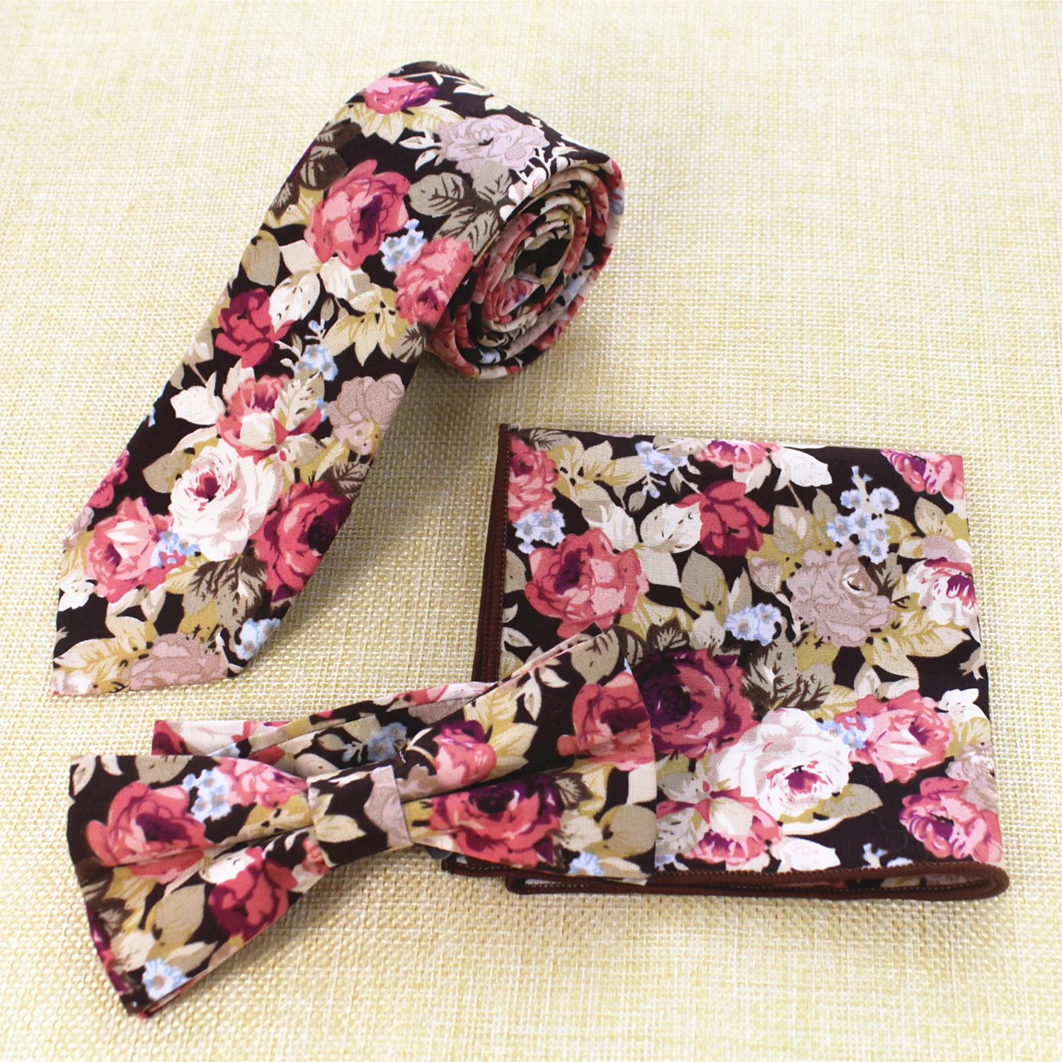 

Men's Cotton Neck Tie Bow Tie And Handkerchief Set Printed Necktie Pocket Square Set 6cm Slim Floral Neck Ties Skinny Bowtie