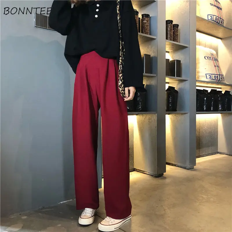 Vintage Pants Women Spring Ulzzang Simple Pure Popular All-match High Waist Ladies Wide Leg Trouser  Stylish Office Lady