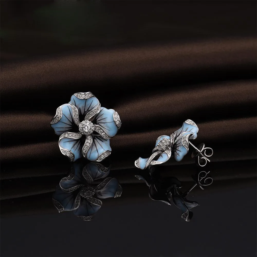New Elegant Ladies Shiny Zircon Crystal Blue Lotus Tree Stud Earrings Wedding Jewelry Gifts image 4