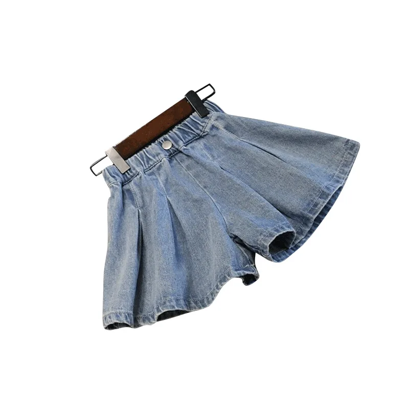 Girls\' wear summer wide-leg denim shorts pleated skirts, big kids children\'s loose hot pants girls casual skirt pants