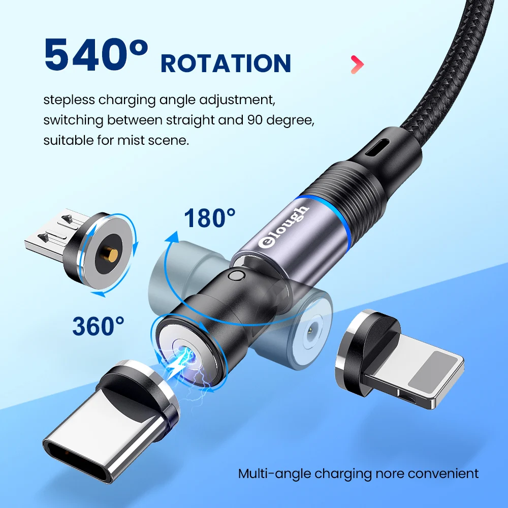 Elough 540 Degree Roating Magnetic Cable Micro USB Type C Phone Cable For iPhone11 Pro XS Max Samsung Xiaomi USB Cord Wire Cable