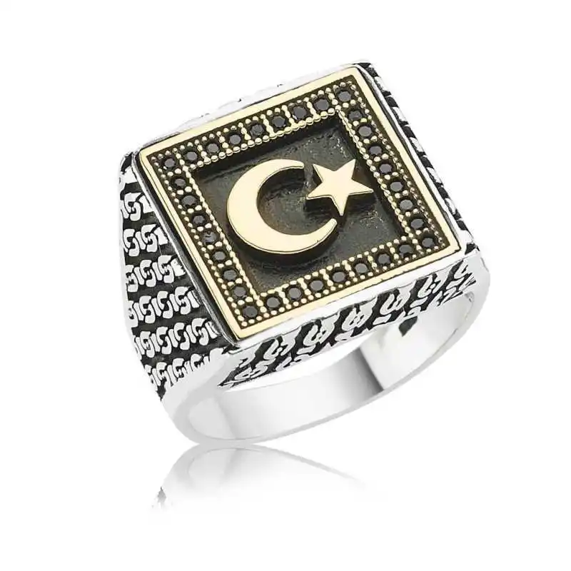 Silver Moon Star Men's Ring - 925 Sterling Men's Jewelry Wedding Birthday Gift - Box - Men - Fashion - Botiva - Size - Turkish - Patterned Embroidered