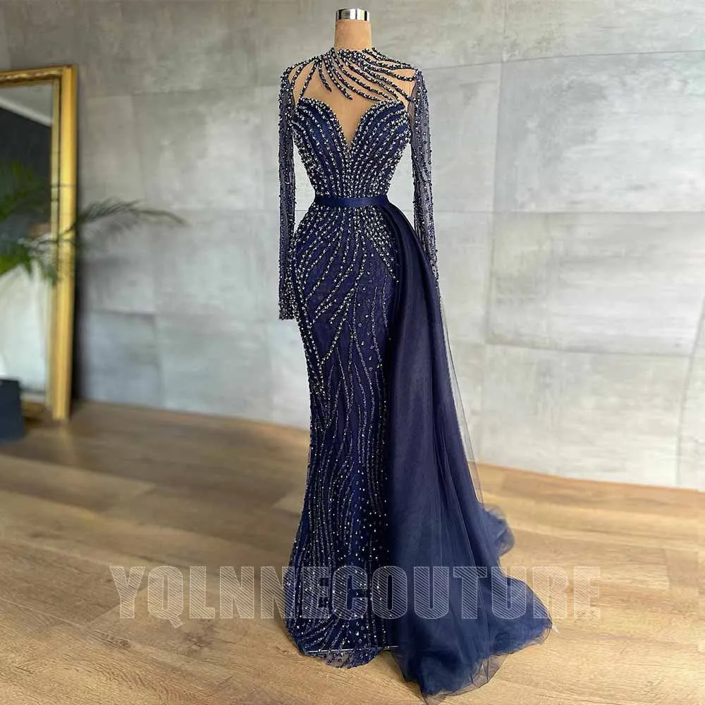 Abiti da sera eleganti con strass blu scuro a maniche lunghe collo alto Tulle pizzo perline abiti da cerimonia per donna formale sirena