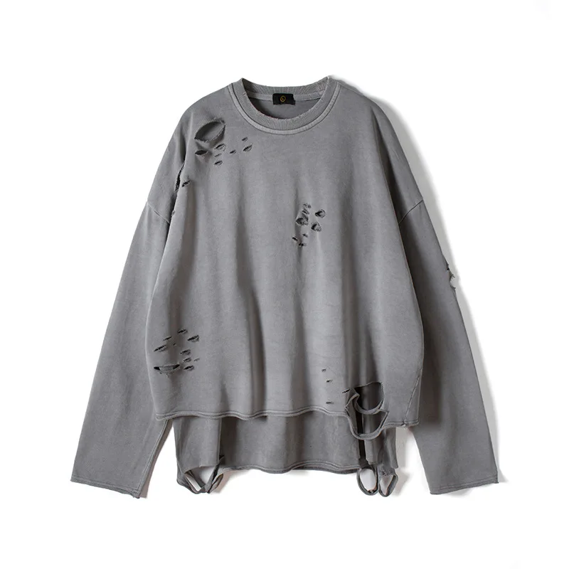 Vintage Aging Breaking Cutting Sweatshirt Streetwear Loose Pullover Hole Fashion Oversize Sweatshirts Autumn Tops Cotton HH544