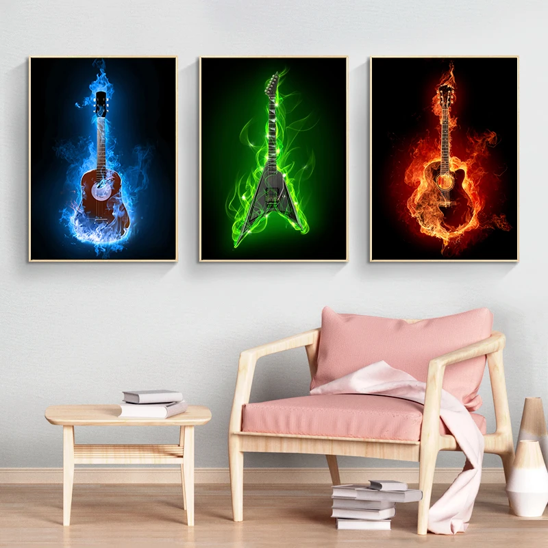 Canvas Painting Nordic Musical Instruments Fire Burning Electric Guitar Abstract Wall Art Posters And Prints Modern Home Decor