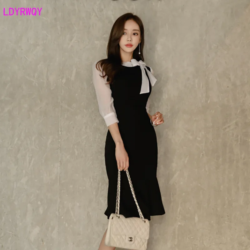 

2021 autumn and winter new Korean women's fashion stitching bow tie seven-point sleeve temperament bag hip fishtail dress