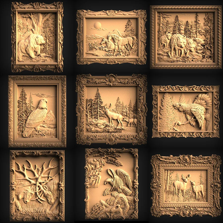 9pcs animal in the frame 3d STL format model file STL Model for CNC Router 3D Printer Artcam Aspire Bas Relief