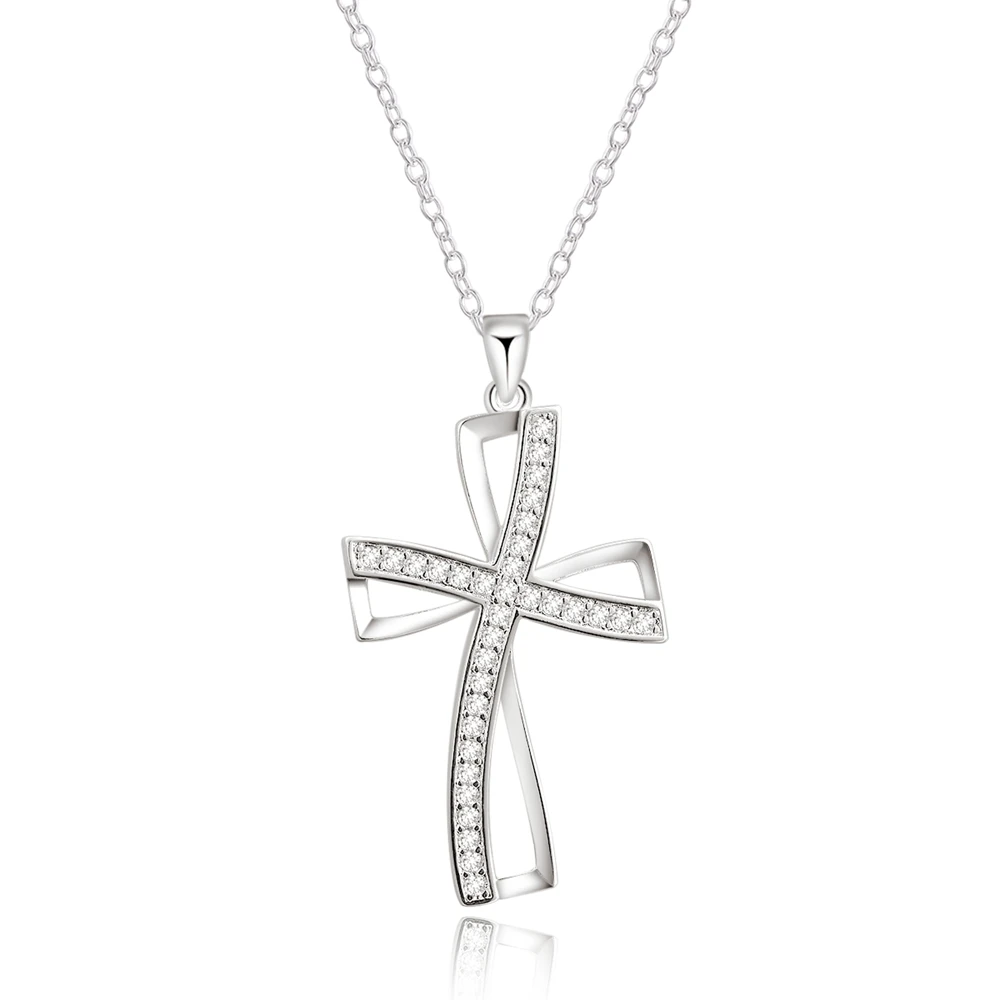 silver Color Plated necklace jewelry women wedding fashion Cross CZ crystal Zircon stone pendant  Christmas gift JSHN296