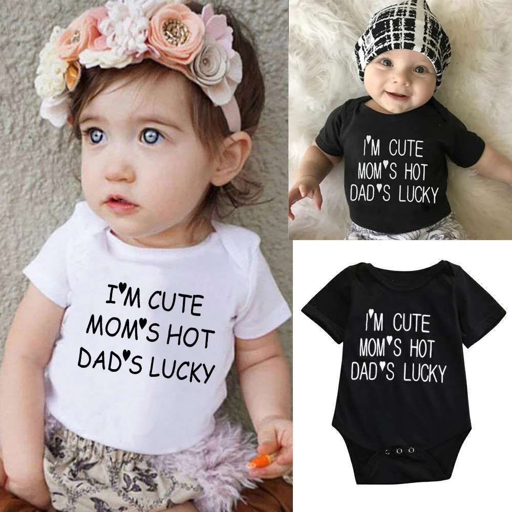 I'm Cute Mom's Hot Dad's Lucky Newborn Baby Girl Boy Clothes Short Sleeve Casual Bodysuit Jumpsuit Playsuit Outfits Cloth 0-24M