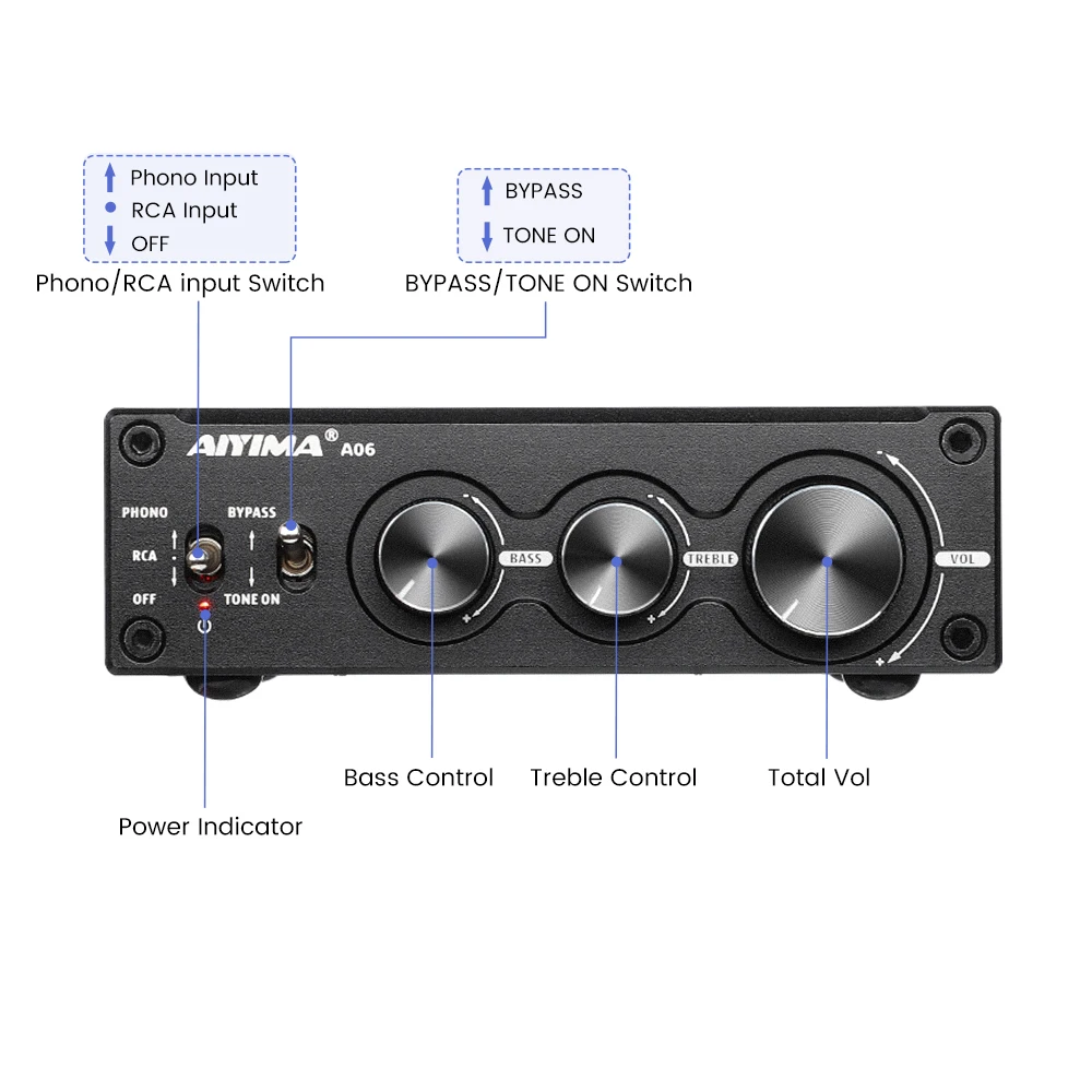AIYIMA-AMPLIFICADOR DE Audio A06 MM/MC Phono, TPA3221, 100Wx2, estéreo, HiFi, para tocadiscos, fonógrafo, preamplificador de graves agudos