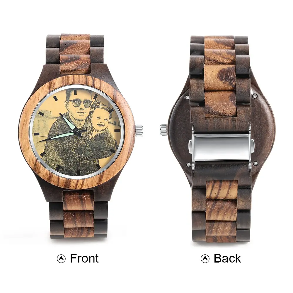 Personalized Men's Engraved Wooden Photo Watch Strap Custom Unique LOGO Wristwatch Creative Anniversary For Father's day Gifts