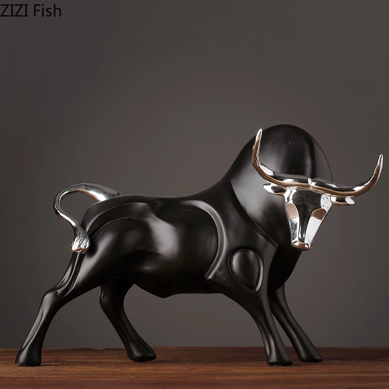 

Modern Figurines Red and Black Bull Sculpture Resin Simulation Animal Statue Living Room Bookcase Crafts Accessories Home Decor