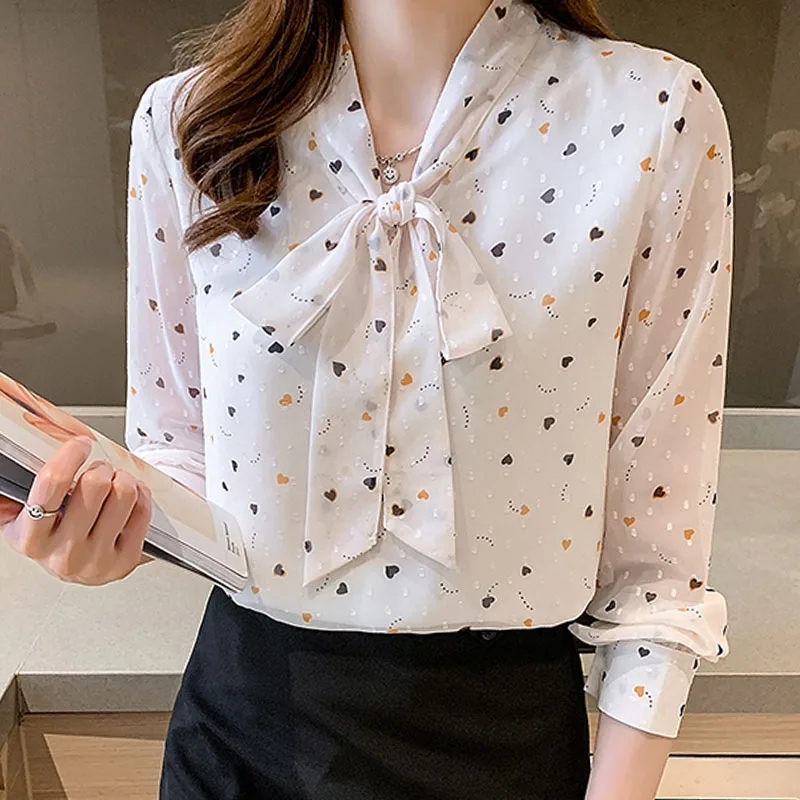 2021 Autumn New Floral Long Sleeve Chiffon Shirt Women's Bow Blouse Blusas Female Tops Mujer Dropshipping Casual Clothing 2270