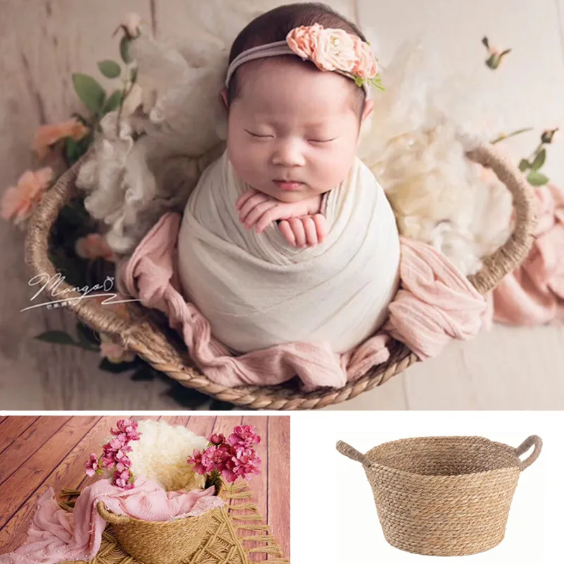 Newborn Props for Photography Natural Linen Weaving Double Barrel Bed Fotografia Infantil Baby Posing Sofa Handwoven Basket Boy