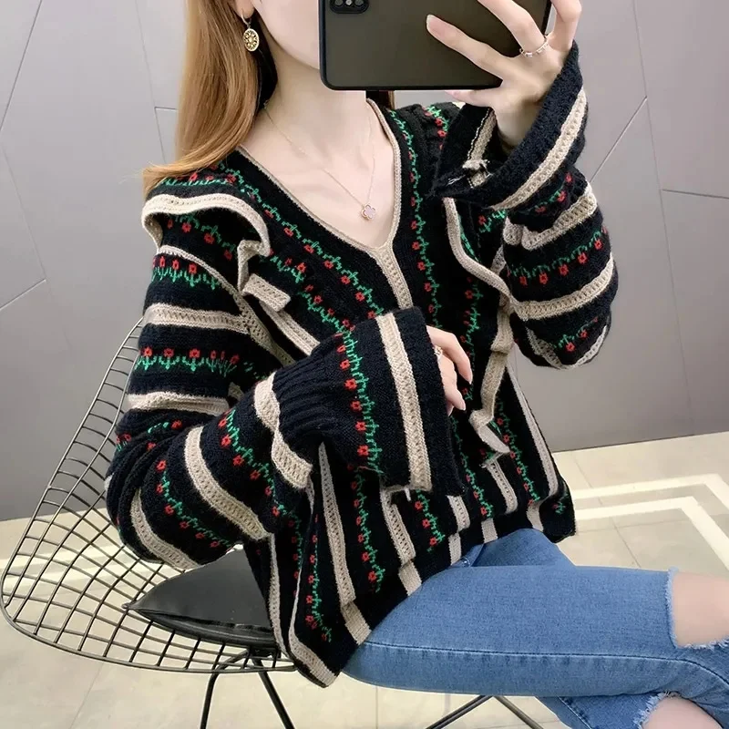 Female Black Fuffled Sweater Lace New Striped Jacquard Jacket 2021Autumn Winter Long-sleeved Western-style Women Blouse CoatA339