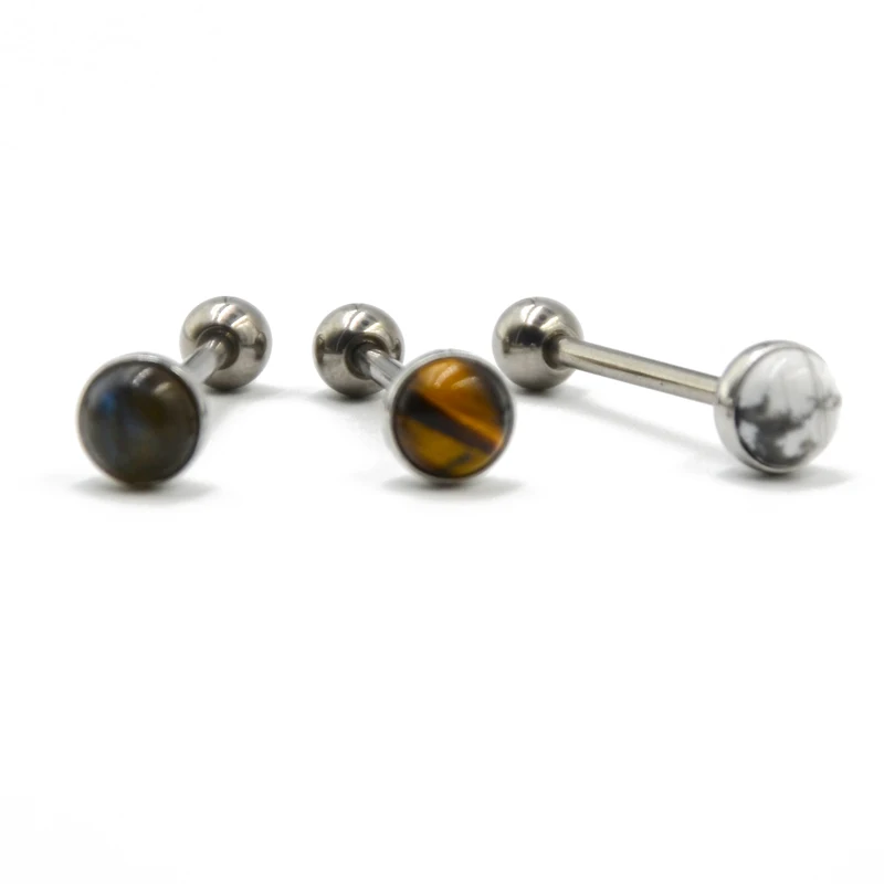 1 PCTitanium Barbell Labradorite Tiger Eye White Line Stone Tongue Barbell Ring Body Piercing Jewelry 14G