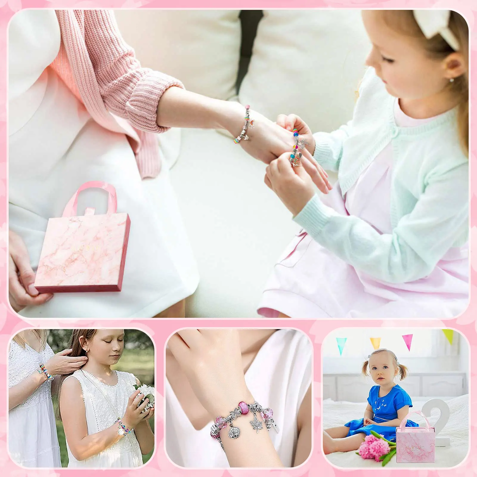 64 PCS DIY Charm Bracelet Necklaces Jewelry Making Kit with Pink Gift Box for Girls Women Valentines Birthday Christmas Gift