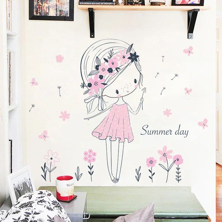 Schöner Sommer-Mädchen-Wandaufkleber für Mädchenzimmer-Dekoration, Tapete, Niedliche Rosa Serie, Kinderzimmer-Deko, Selbstklebende Aufkleber – Detail 5