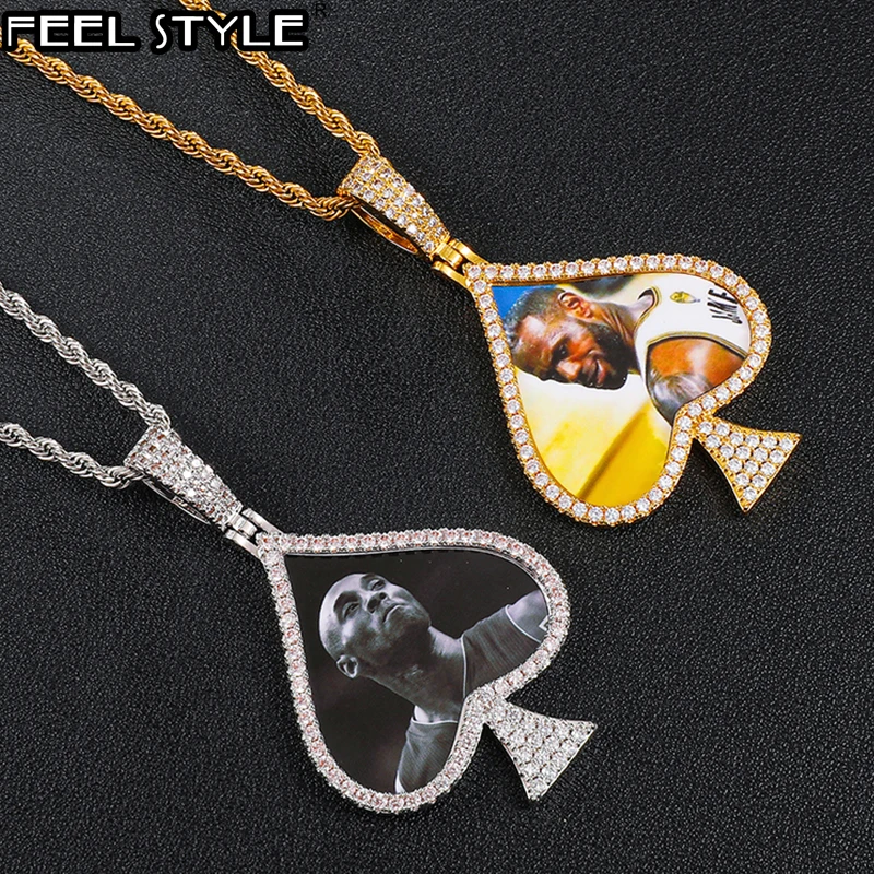 Hip Hop Personality Custom Picture Memory Medallions Spades Shape Necklaces & Pendants For Men Women Jewelry With Solid Back