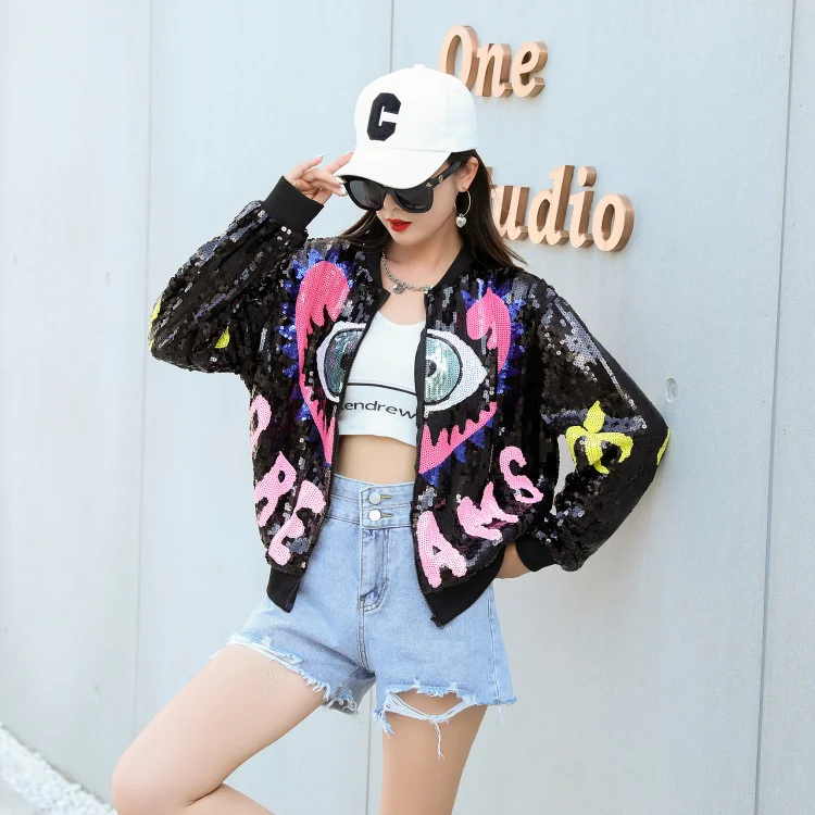 Primavera e outono jaqueta feminina vintage 2023 coreano lantejoulas manga longa gola streetwear hip-hop moda casaco