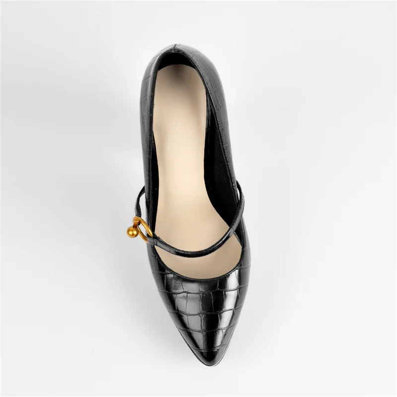 Onlymaker Women Chunky High Heel Pointed Toe Low Platform Stone Texture Slip On Golden Button Decoration Spring Pumps