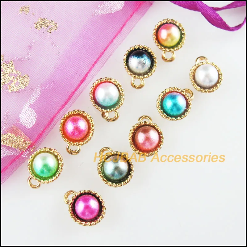 20Pcs Gold Color Flower Mixed Acrylic Round Charms Pendants 8x11mm