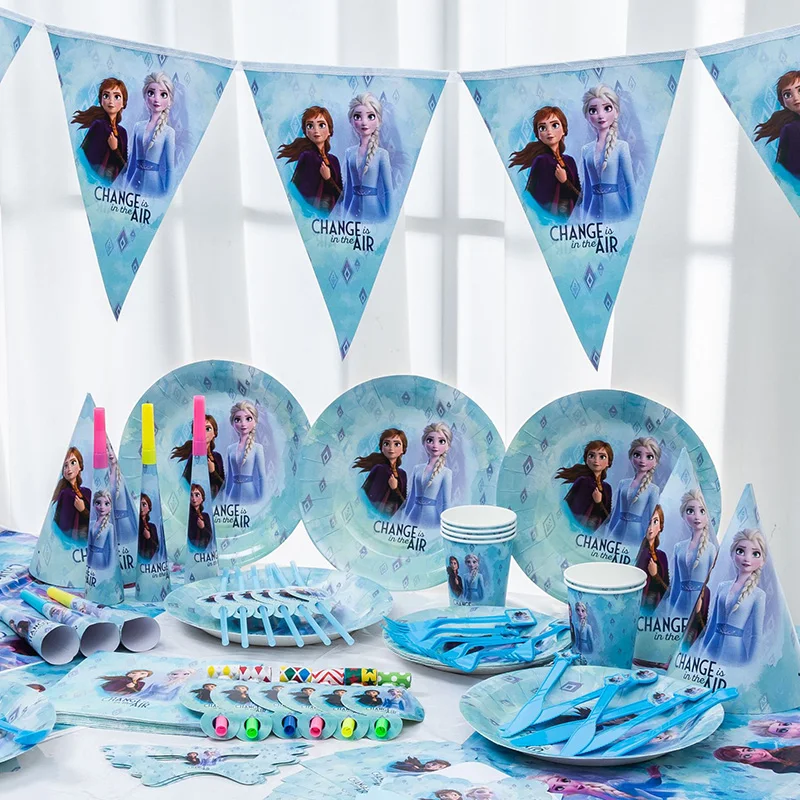 

Disney Frozen Birthday Anniversaire Party Decorations Disposable Party Tableware For Baby Girl Favor Party Supplies Suit