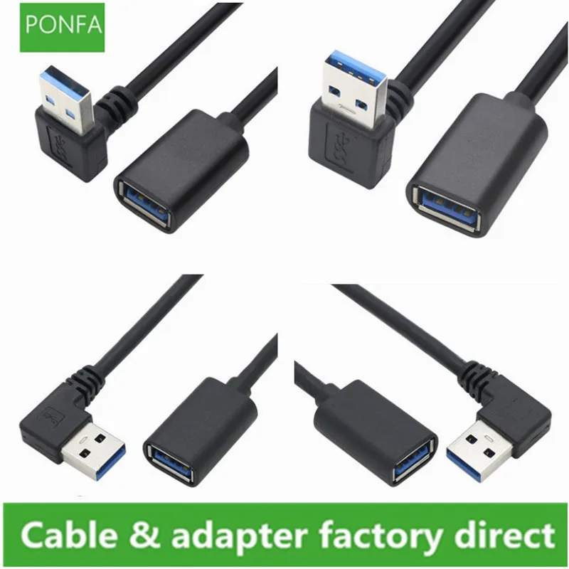 Cabo extensor usb 3.0, macho para fêmea, ângulo reto e esquerdo, adaptador de transmissão rápida 0.3m/0.5m