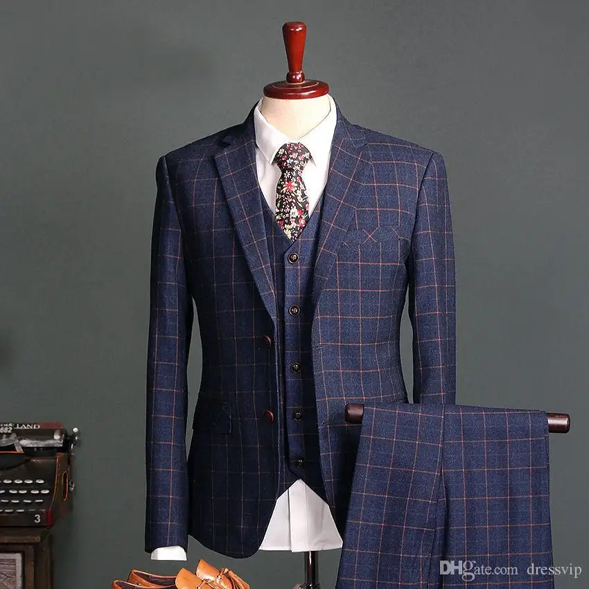 

Navy Check Slim Fit Men's Suits Groom Tuxedos Wedding Grooms Three Pieces (Jaket+Vest+Pants) Formal Occasion Wear Prom Suit