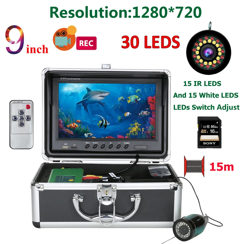 DVR Fish Finder Underwater Fishing 9 Inch 1080P Camera 15pcs White LEDs+15pcs Infrared Lamp 15m Camera For Fishing 16G