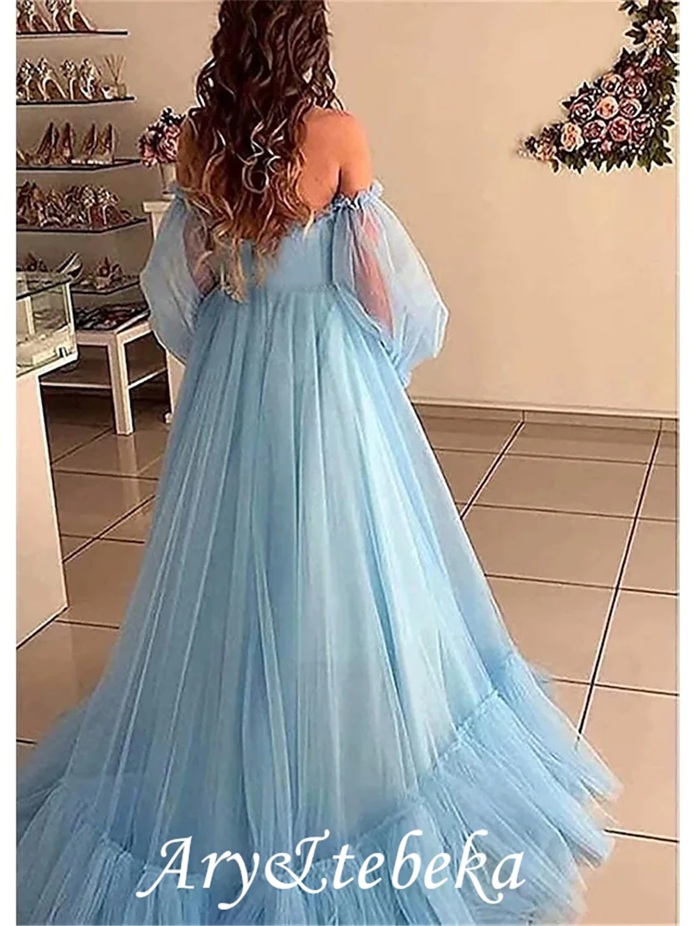 A-Line Minimalistischen Elegante Engagement Prom Kleid Off Schulter Lange Ärmel Bodenlangen Tüll mit Falten Appliques 2021