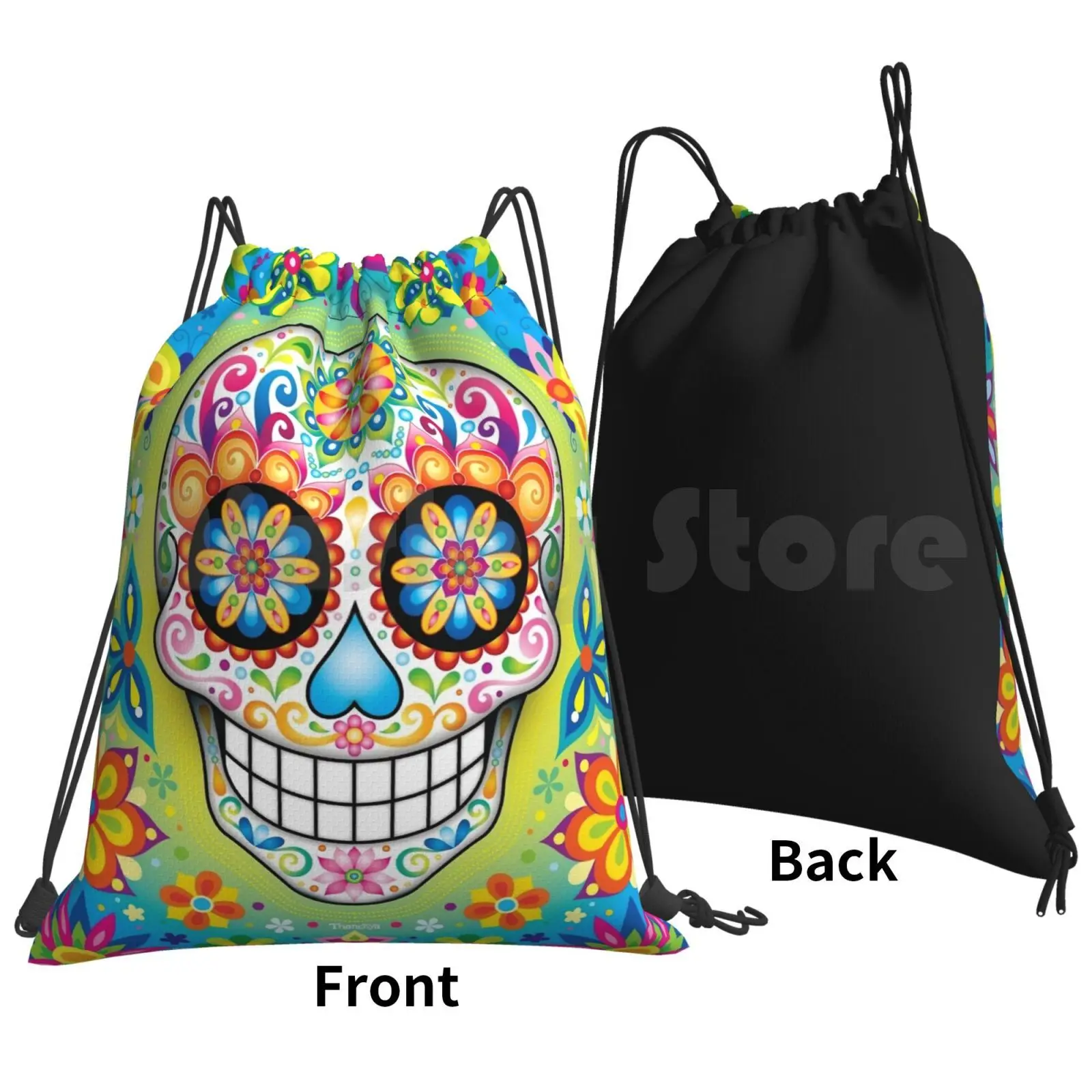 Colorful Sugar Skull Day Of The Dead Art Backpack Drawstring Bags Gym Bag Waterproof Sugar Skull Day Of The Dead Dia De