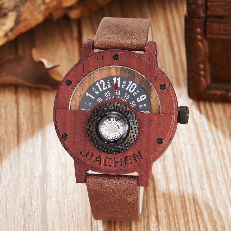 Men Wood Bamboo Watch Unique Turntable Dial  Male Military Watches Compass Quartz Watch With Leather Band