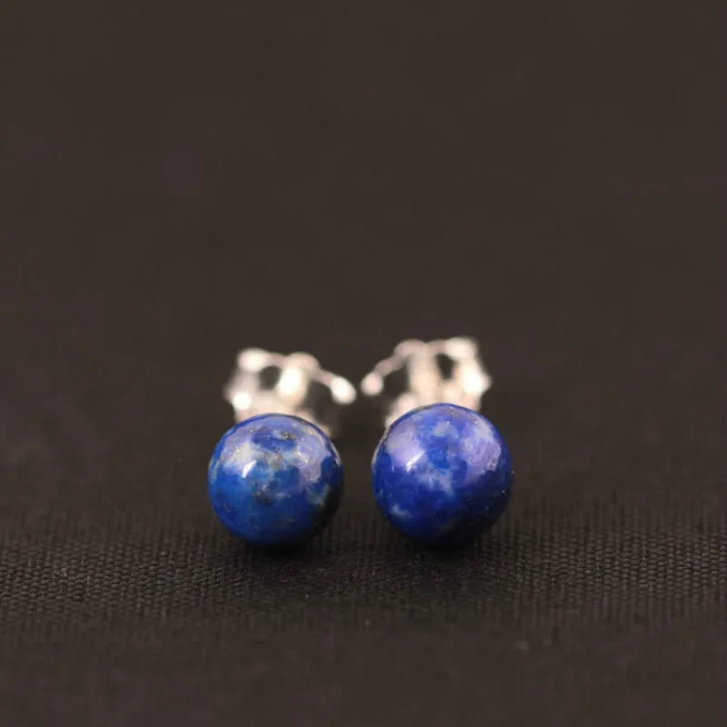 Real 925 Sterling Silver Lapis Lazuli Beads Stud Earrings For Women Vintage Femme Gift Prevent Allergy Fine Jewelry