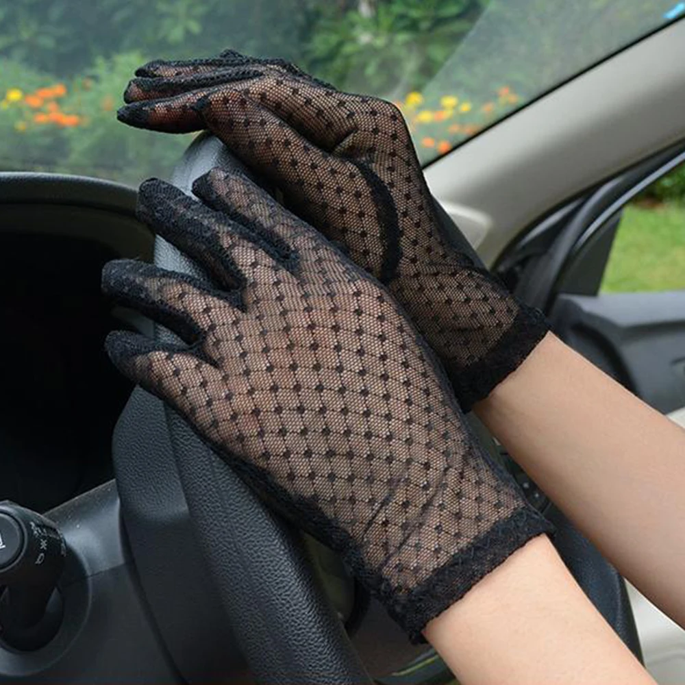 

2022 New Summer Gloves Women Sexy Lace Mesh Solid Color Anti Uv Driving Sunscreen Full Finger Lady Dance Mittens