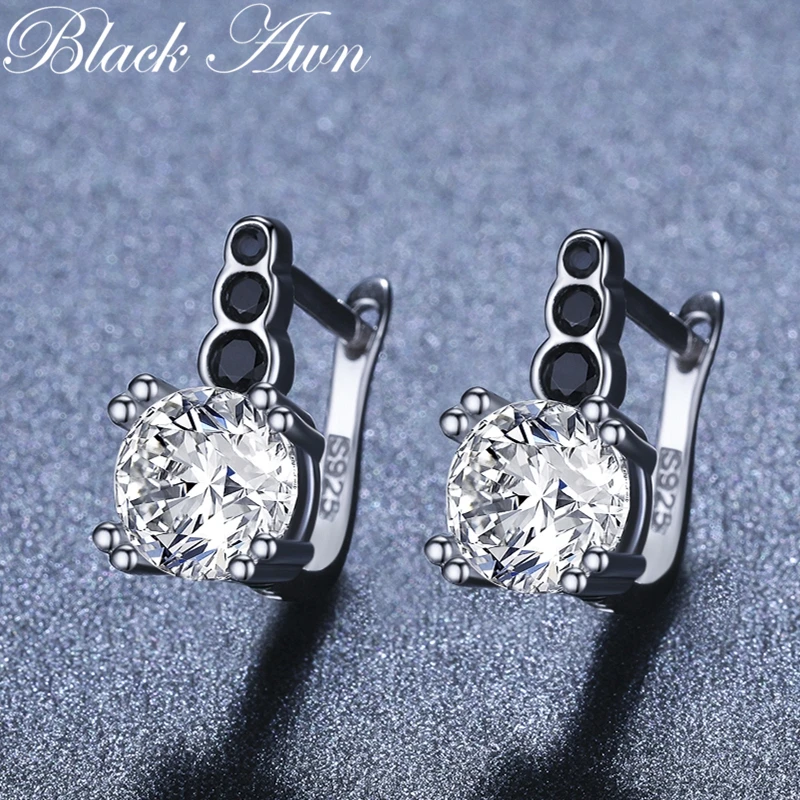 Trendy Genuine 925 Sterling Silver Jewelry Wedding Stud Earrings for Women Row Black&White Female Earring T212