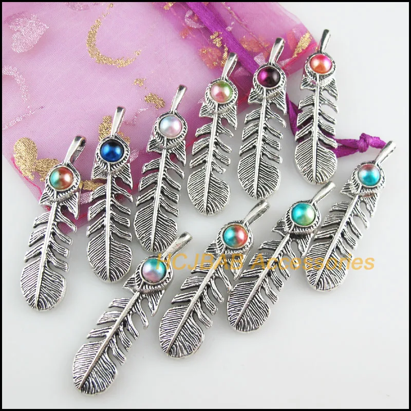 10Pcs Tibetan Silver Tone Retro Leaf Feather Mixed Colored Acrylic Charms Pendants 12x48.5mm