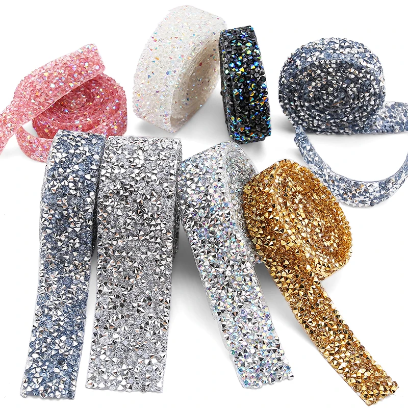 3Yards Multi-color Rhinestones Trim Set Glitter Crystal Ribbon Strass Tape Apppliques Hotfix Motif Rhinestones Cloth Decorations