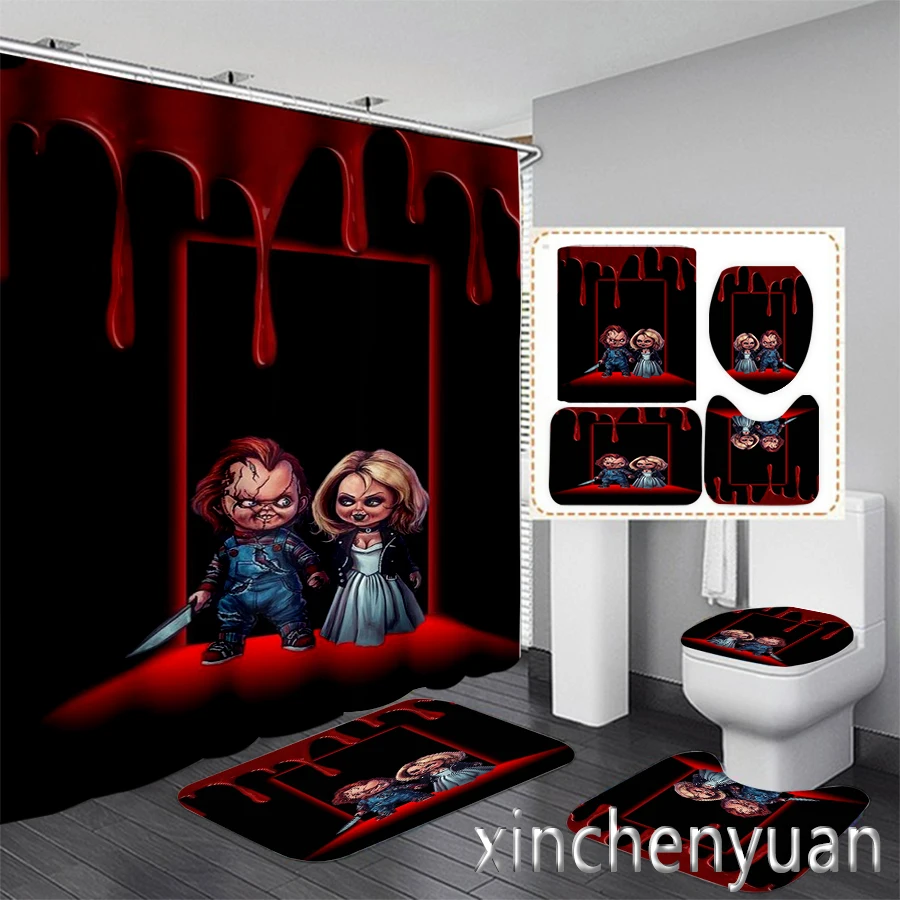 Horror Movie Chucky 3D Printing Waterproof Bathroom Shower Curtain Toilet Cover Mat Non-Slip Floor Mat Rug (1/3/4Pcs) W07