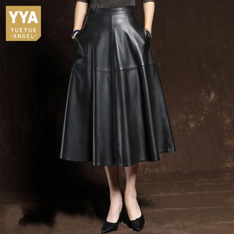 Elegant Ladies Vintage Ball Gown Mid Calf Long Skirt Sheepskin Genuine Leather Skirts New Women High Waist Pleated Skirt