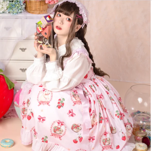 Japanese sweet lolita dress vintage falbala bowknot cute printing high waist victorian dress kawaii girl gotic lolita jsk loli