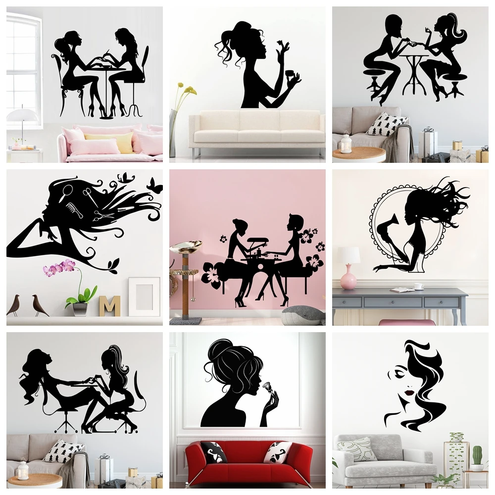 Elegant woman Beauty Salon manicure store Vinyl Wall Stickers For barbershop wall decor Self-adhesive Removable wallpaper