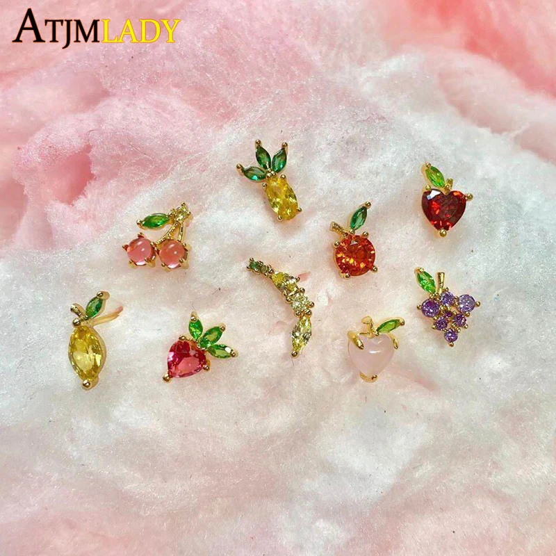 925 Sterling Silver Cute Lovely Fruit Basket Studs Banana Watermelon Lemon Orange Pineapple Creative Casual Piercing Earrings