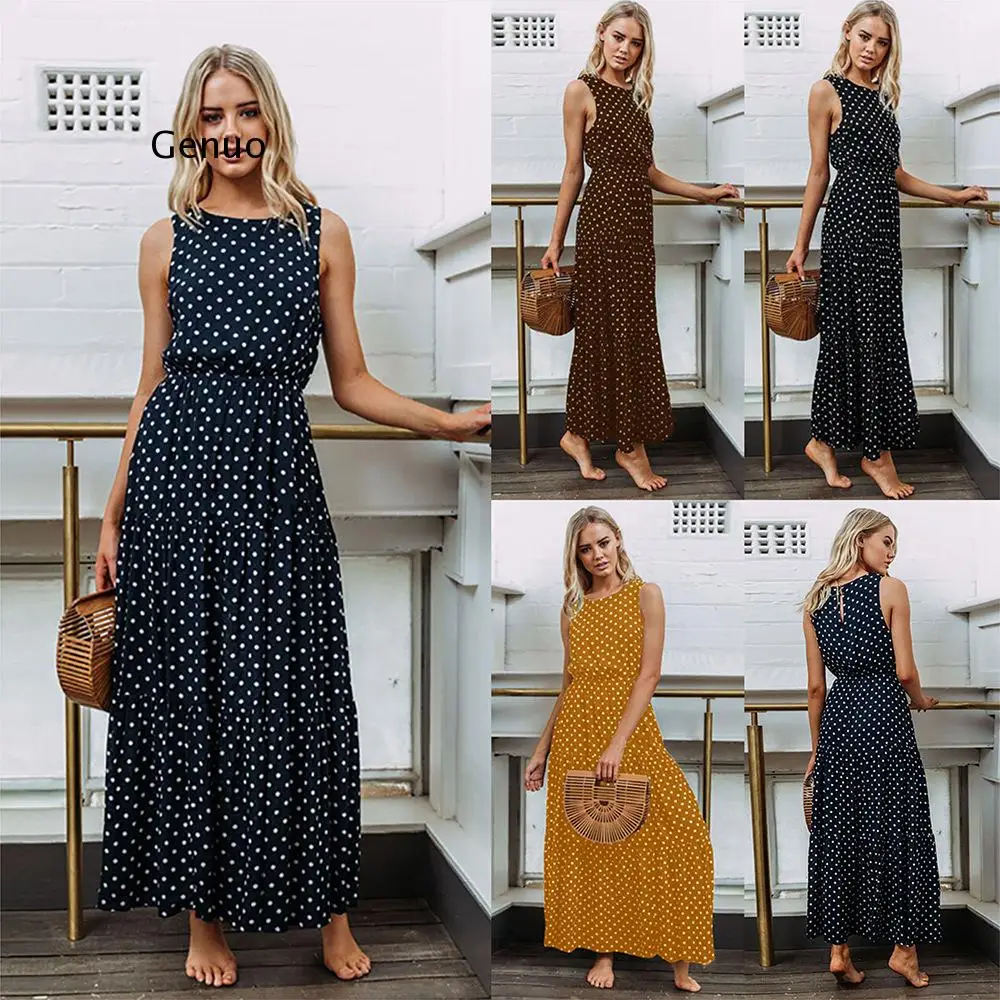 Women Summer Boho Casual Sleeveless Dress Homewear Polka-Dot Party Beach Long Maxi Navy Dress Sundress