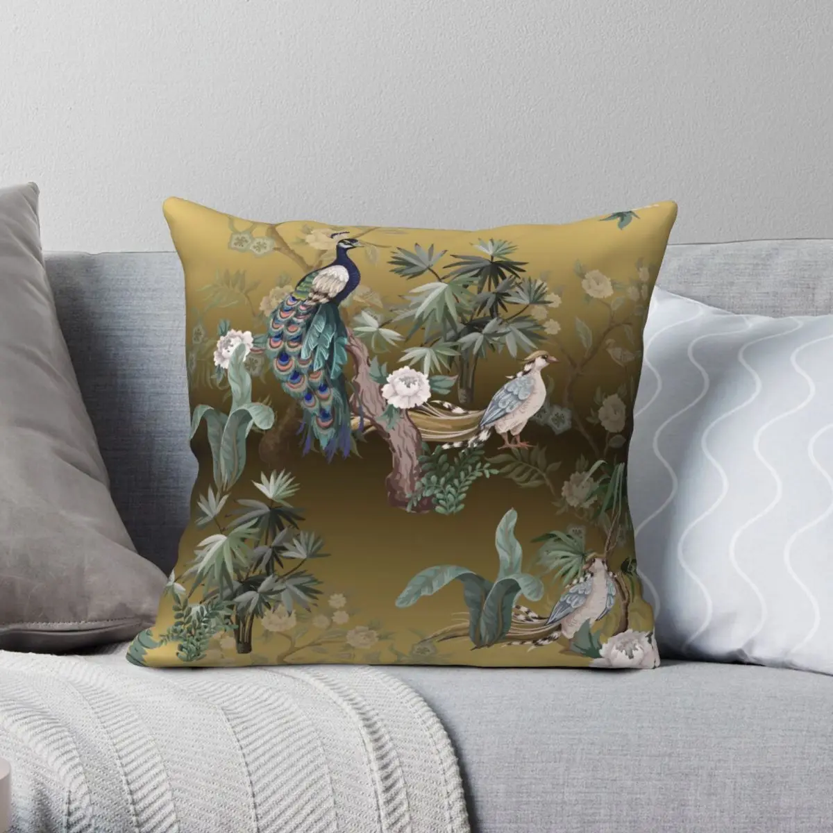 

Chinoiserie Fengshui Golden Peacock Square Pillowcase Polyester Linen Velvet Creative Zip Decor Pillow Case Bed Cushion Cover