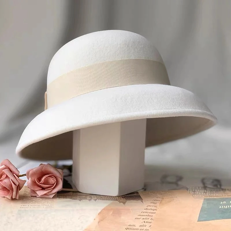 

2020 New Formal Hats Winter Pure 100% Wool Felt Bowknow Fedora Hat White Cap Wool Mother Gift Lady Top Grade Wedding Banquet