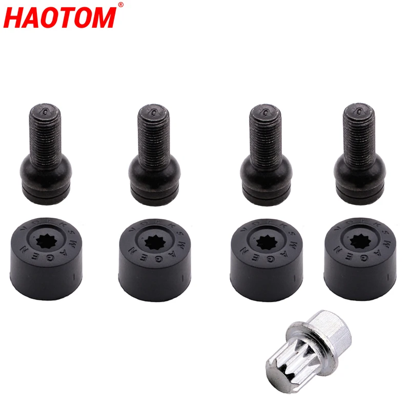 Car Steel Wheel Bolt & Lock Lug Nut Set With Key For AUDI VW Golf Jetta Bora Beetle Passat M14*1.5MM Black 1K0698137 10 Teeth