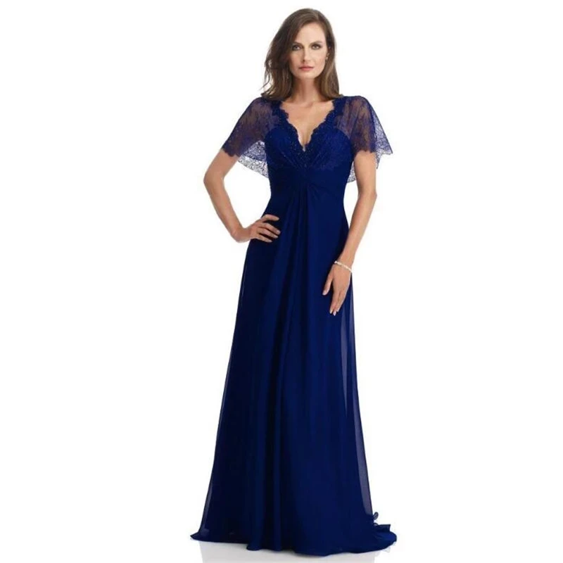 

Royal Blue Mother Of The Bride Dresses A-line V-neck Floor Length Chiffon Lace Plus Size Long Groom Mother Dresses Wedding